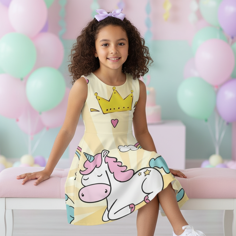 yellow unicorn crown dress - sitting