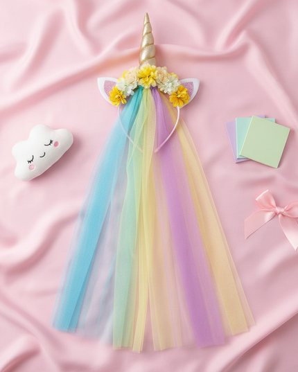 yellow unicorn headband veil - flat-lay