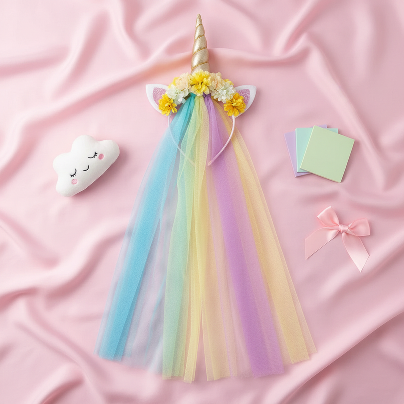 yellow unicorn headband veil - flat-lay