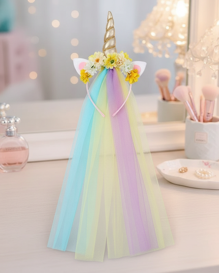 yellow unicorn headband veil - lifestyle