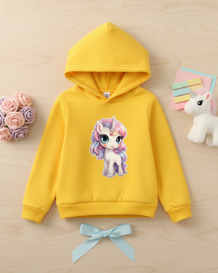 yellow unicorn hoodie kids - flat-lay