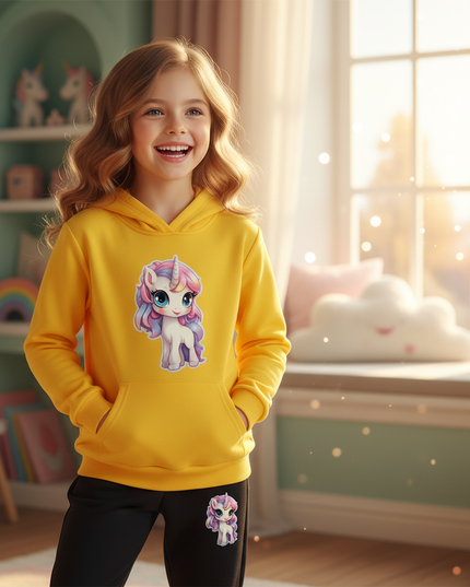 yellow unicorn hoodie kids - in-use