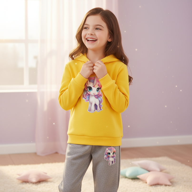 yellow unicorn hoodie set - in-use