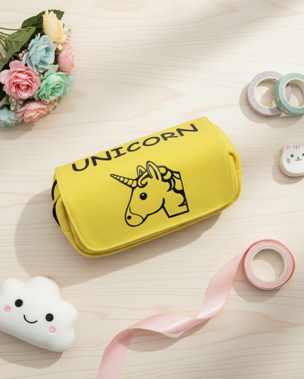 yellow unicorn pencil case - flat-lay