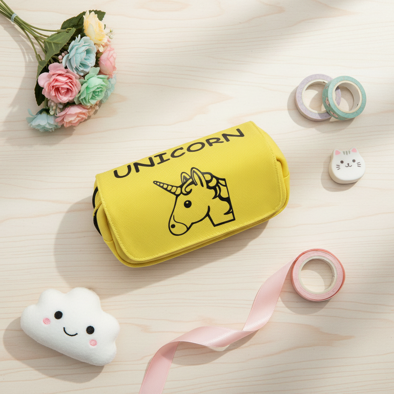 yellow unicorn pencil case - flat-lay