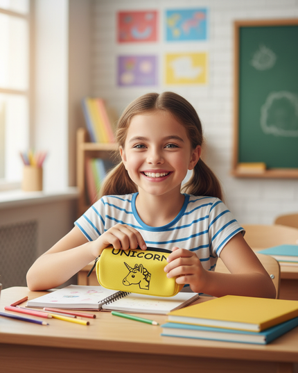 yellow unicorn pencil case - in-use