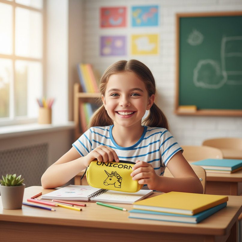 yellow unicorn pencil case - in-use