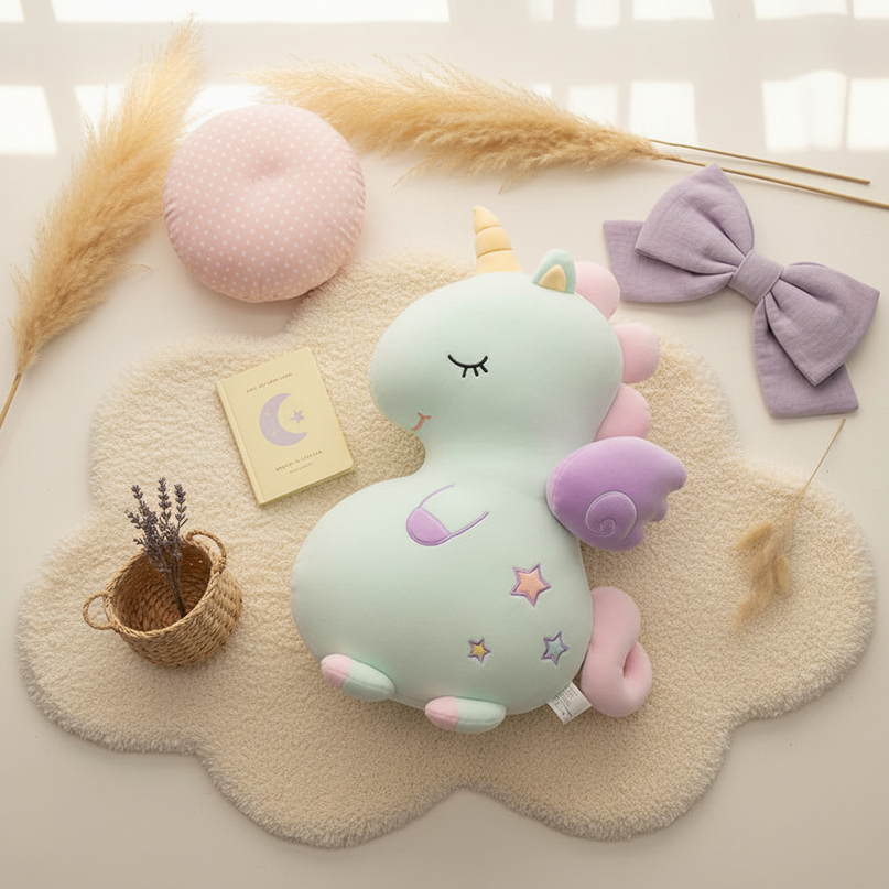 yellow unicorn plush pillow - flat-lay