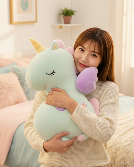 yellow unicorn plush pillow - in-use