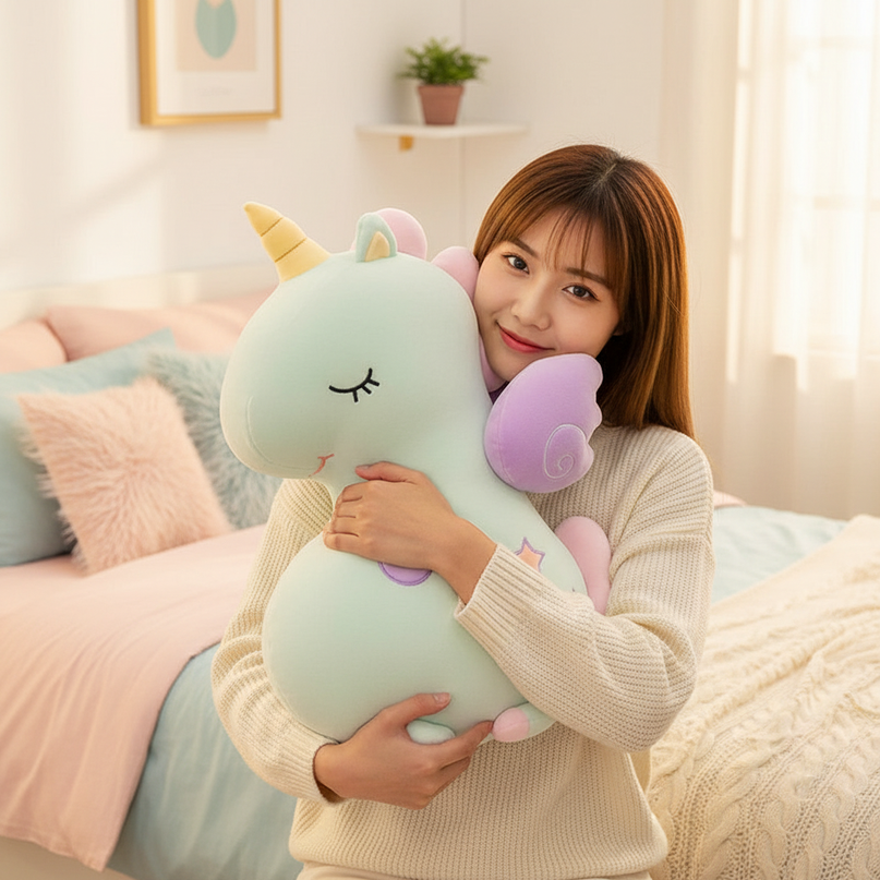 yellow unicorn plush pillow - in-use