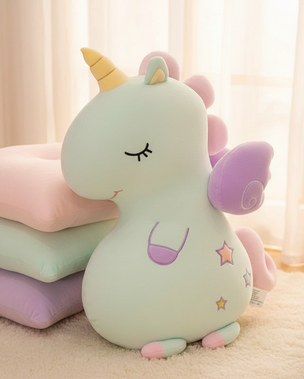 yellow unicorn plush pillow - lifestyle