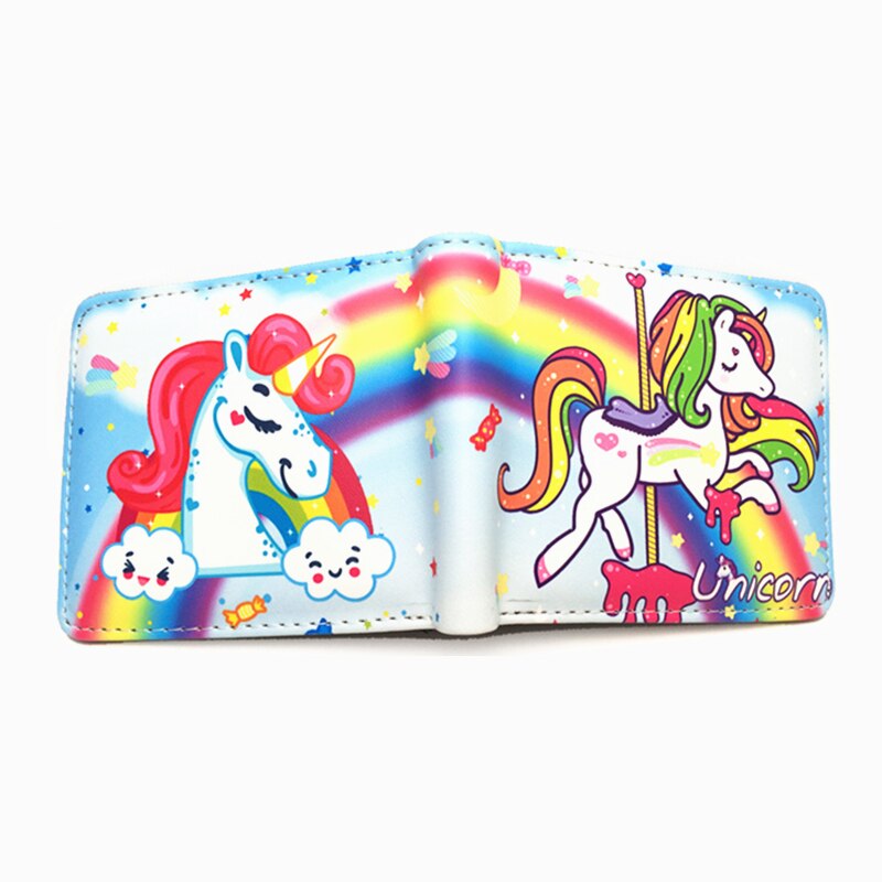 Cute Rainbow Unicorn Short Wallet - PU Leather Small Square Purse With 4 Card Slots, 10x10cm, Floral & Flamingo Designs