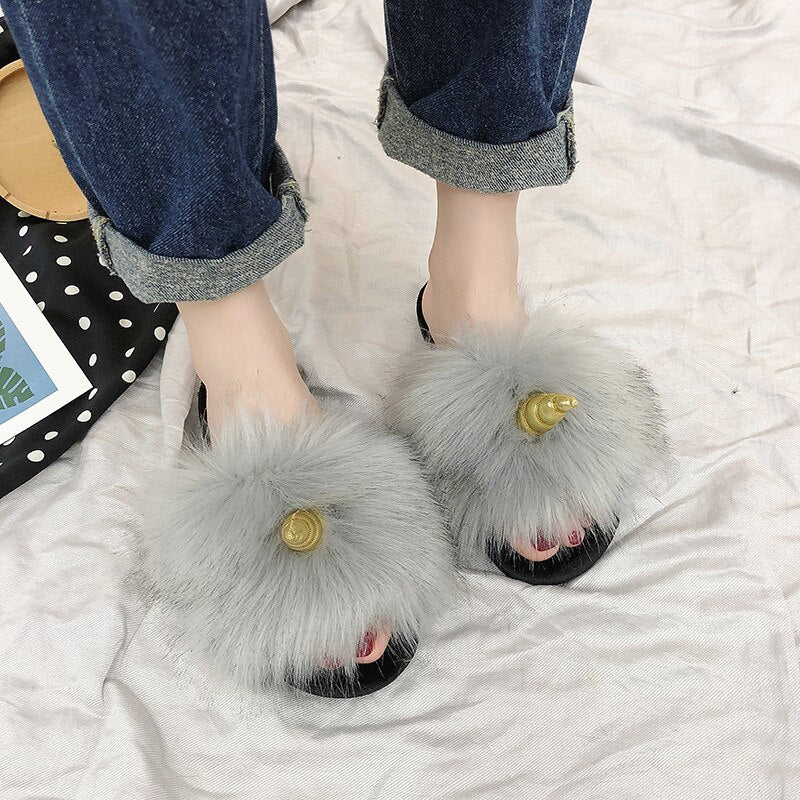 Unicorn shop fur slippers