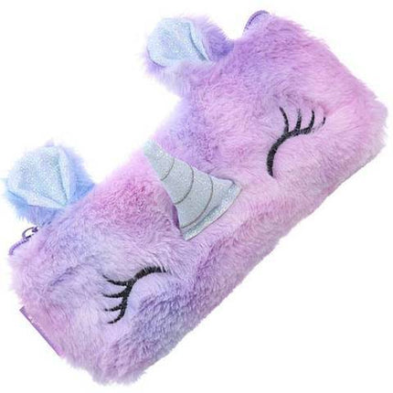purple fluffy unicorn pencil case